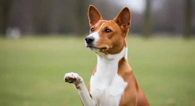 Basenji dog raising paw alert expression